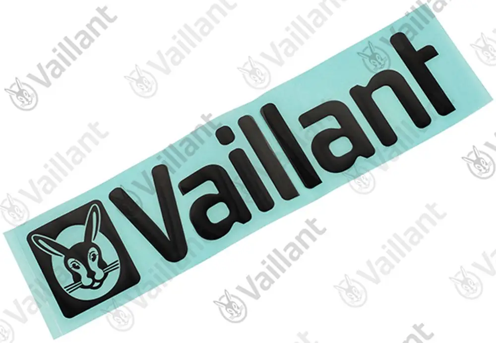 Vaillant Firmenschild in Schwarz auf türkisfarbenem Hintergrund, mit einem Hasen-Logo und dem Schriftzug "Vaillant".